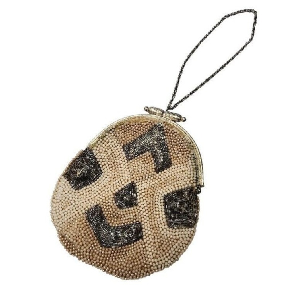 Vintage Art Deco Hand Beaded Coin Purse Clutch Evening Bag Silver Chain Retro